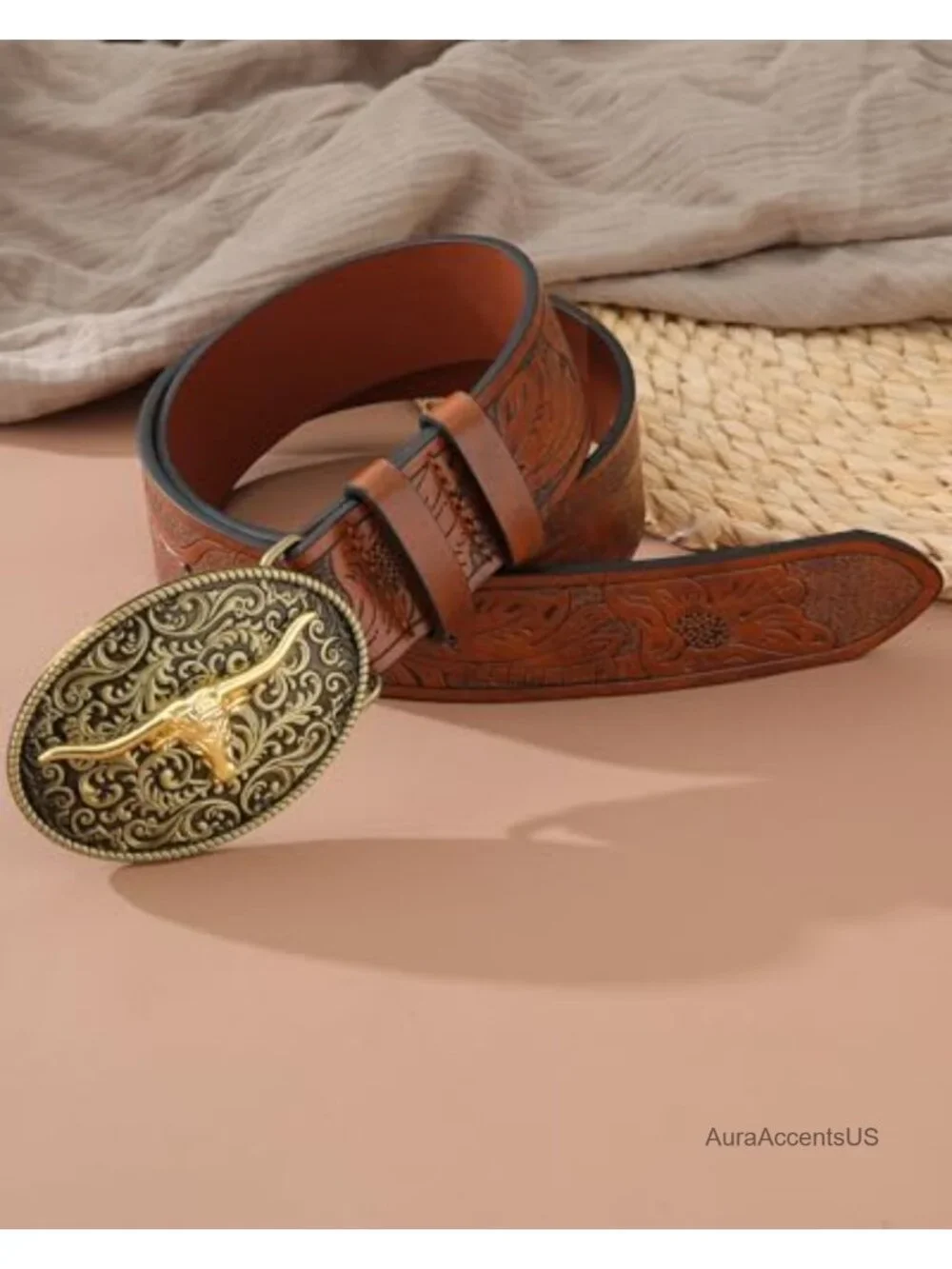 Western Cowgirl Belt with Bull Buckle Faux Leather Embossed